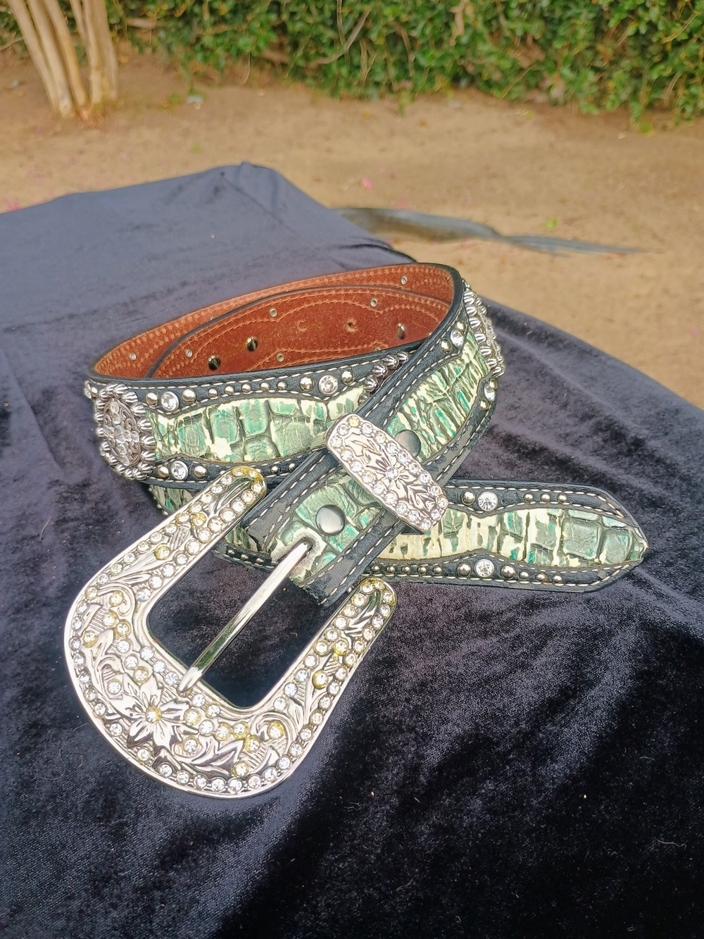 Ariat Green Croc-Embossed Western Belt with Ornate Rhinestone Buckle